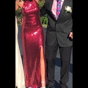 Red sequin halter top dress.